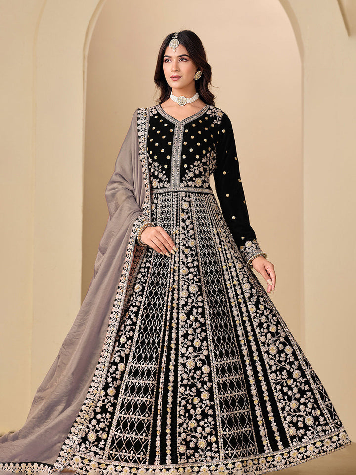 Embroidered Velvet Semi Stitched Kurta With Pant &amp; Dupatta