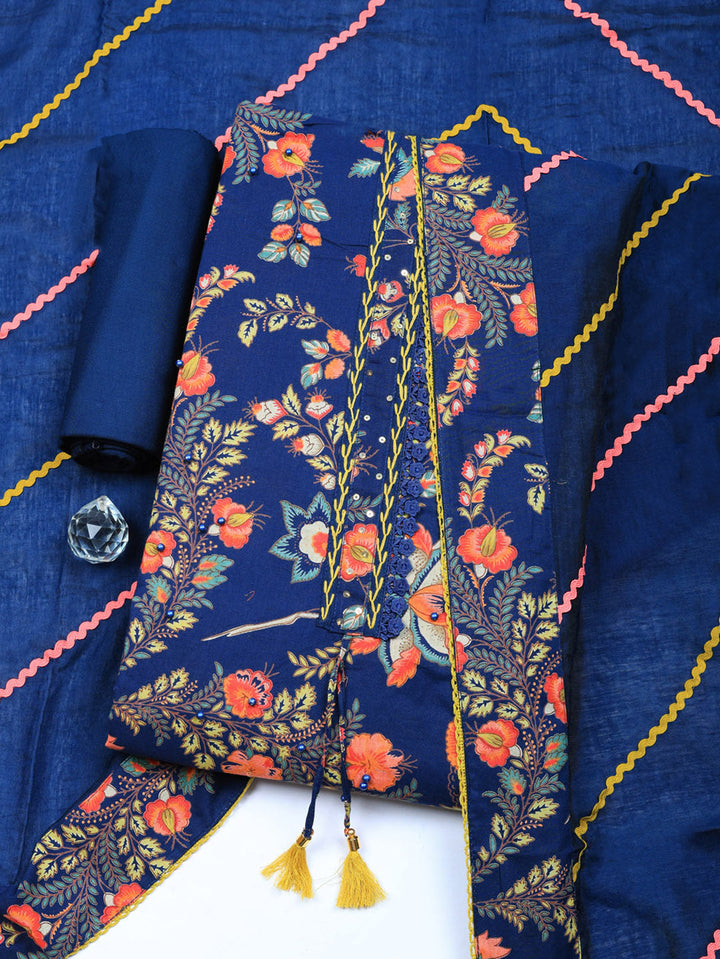 Embroidered Cotton Blend Unstitched Suit With Pant &amp; Dupatta