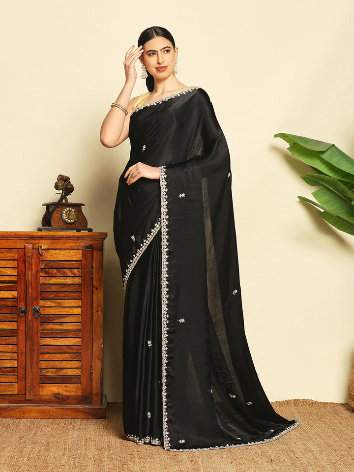 Thread Embroidered Chinnon Saree