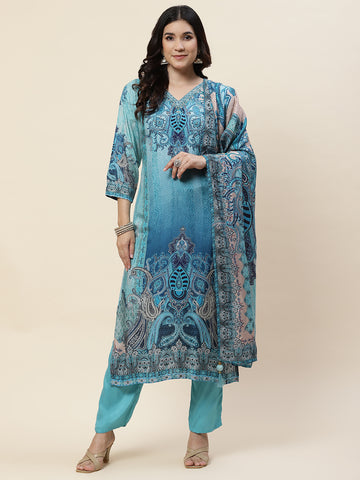 Printed Chanderi Kurta With Pants & Dupatta