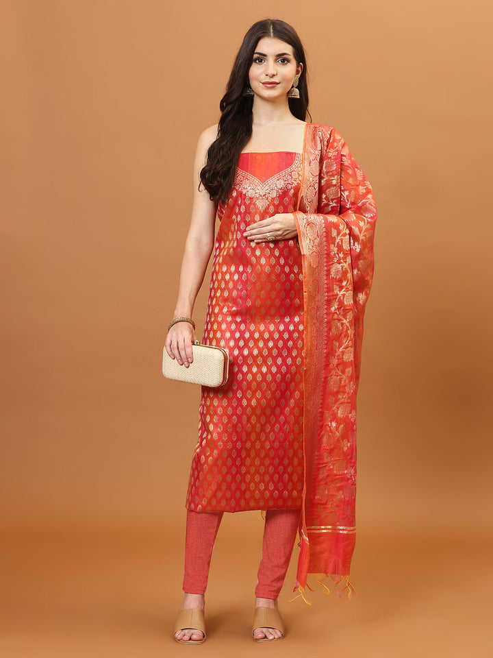 Woven Banarasi Chanderi Unstitched Suit With Dupatta