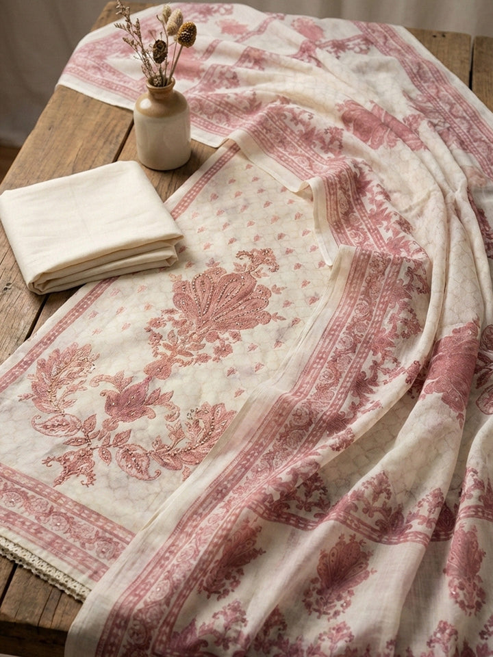 Printed Cotton Blend Unstitched Suit With Pant &amp; Dupatta