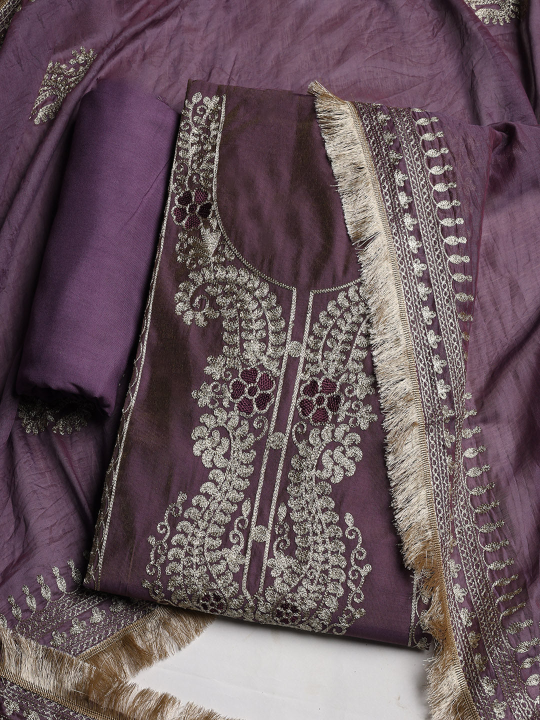 Embroidered Chanderi Unstitched Suit With Dupatta