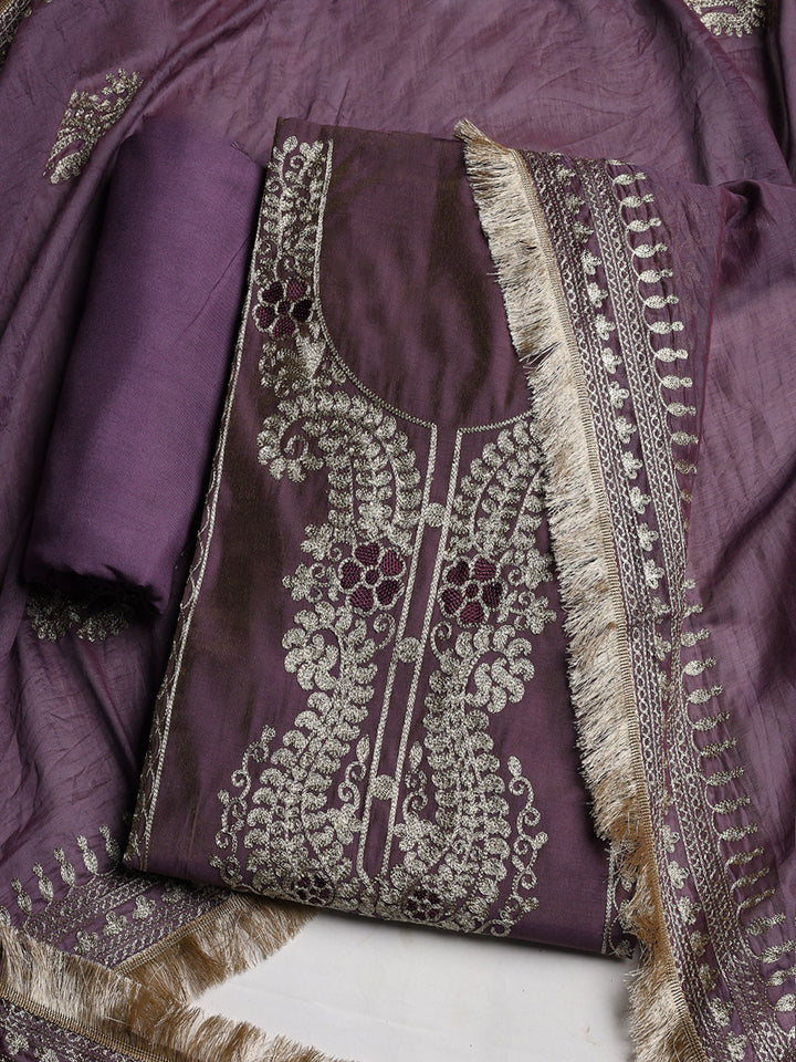 Embroidered Chanderi Unstitched Suit With Dupatta