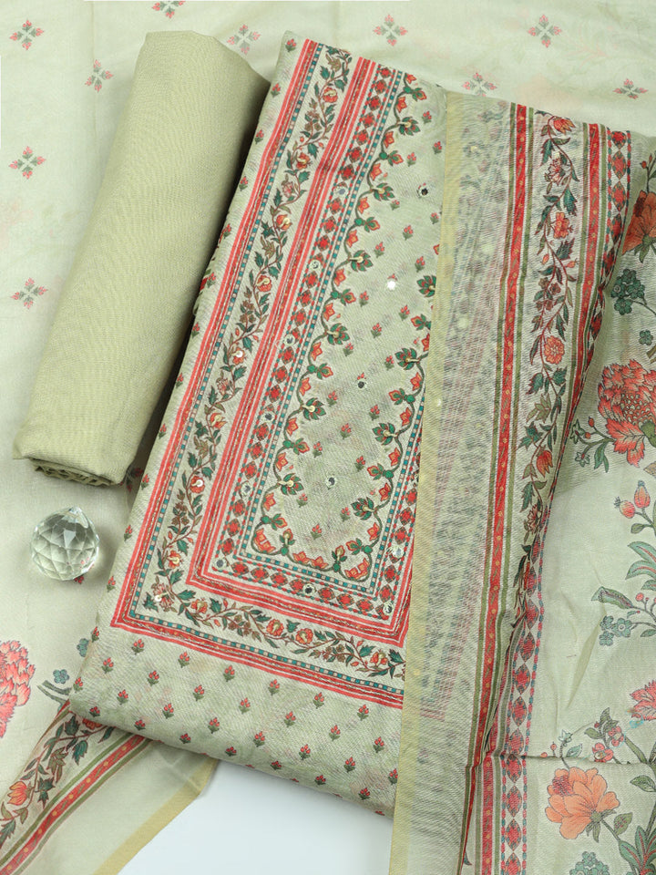 Embellished Chanderi Unstitched Suit With Pant &amp; Dupatta