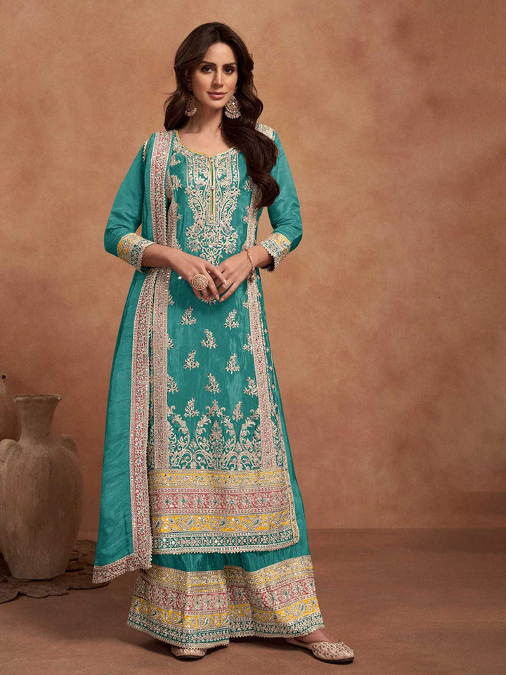 Embroidered Simar Silk Kurta With Plazzo &amp; Dupatta