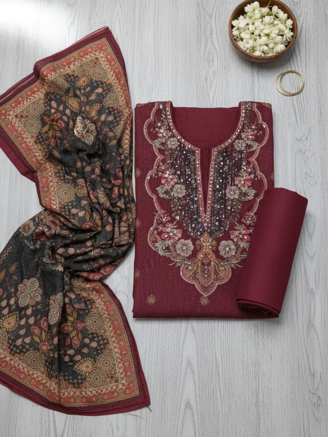 Embroidered Chanderi Unstitched Suit With Pant &amp; Dupatta