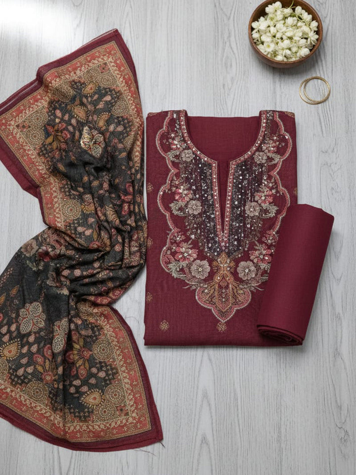 Embroidered Chanderi Unstitched Suit With Pant &amp; Dupatta
