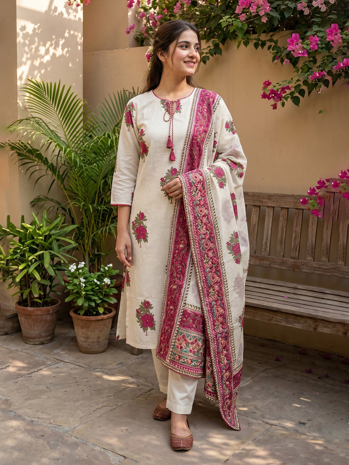 Pink Embroidered Cotton Blend Straight V Neck Suit Set