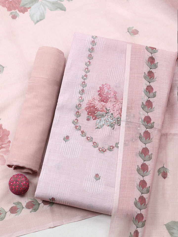 Embroidered Linen Blend Unstitched Suit With Pant Dupatta