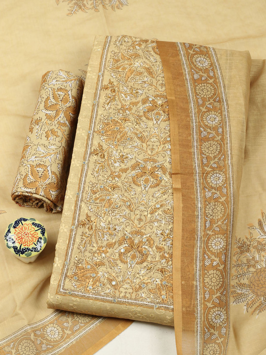 Embroidered Chanderi Unstitched Suit With Pant &amp; Dupatta