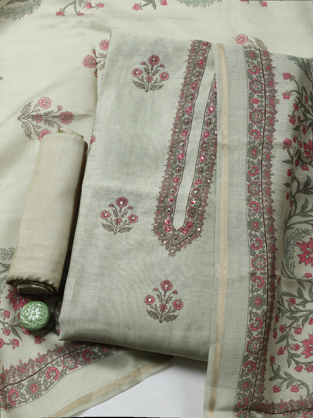 Embroidered Chanderi Unstitched Suit With Pant &amp; Dupatta