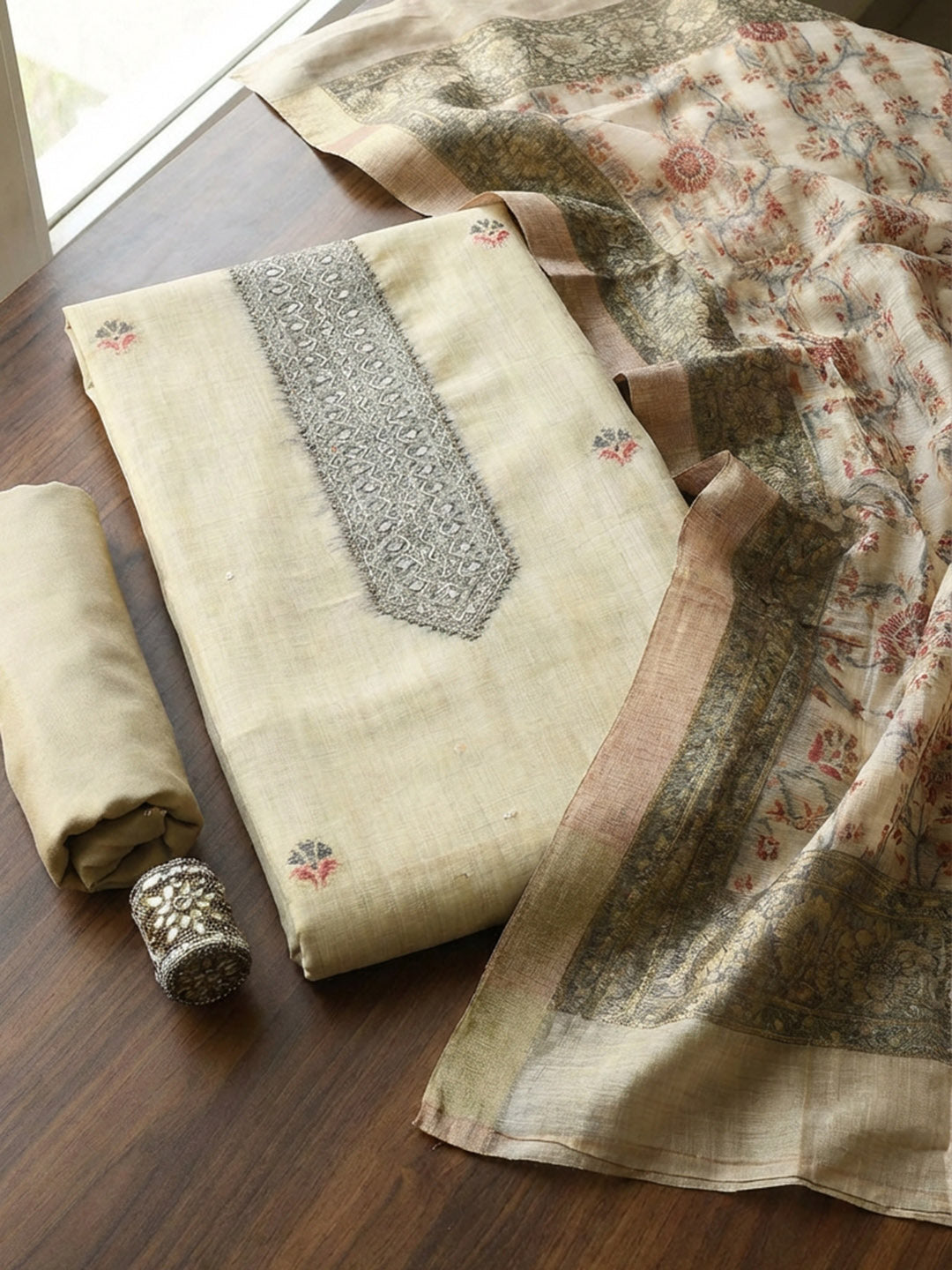 Embroidered Chanderi Unstitched Suit With Pant &amp; Dupatta