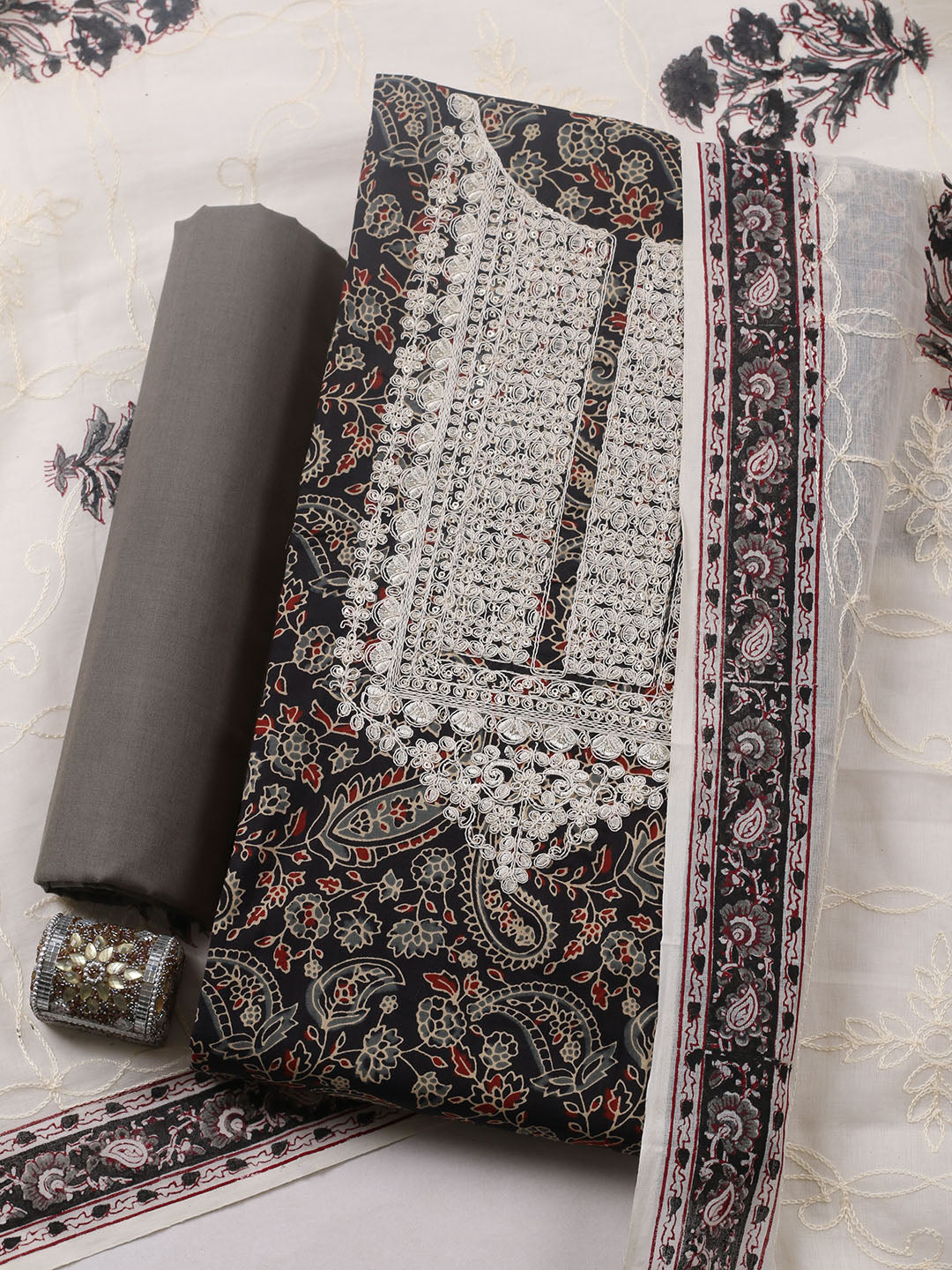 Printed Cotton Blend Unstitched Suit With Pant &amp; Dupatta