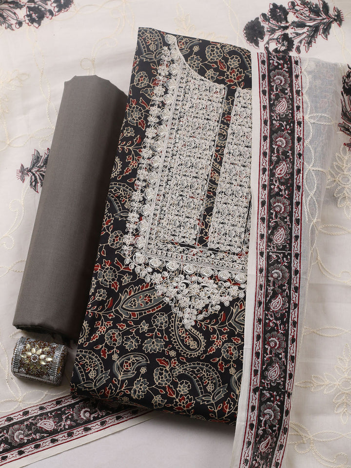 Printed Cotton Blend Unstitched Suit With Pant &amp; Dupatta