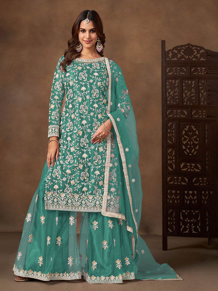 Embroidered Net Semi Stitched Kurta With Plazzo &amp; Dupatta