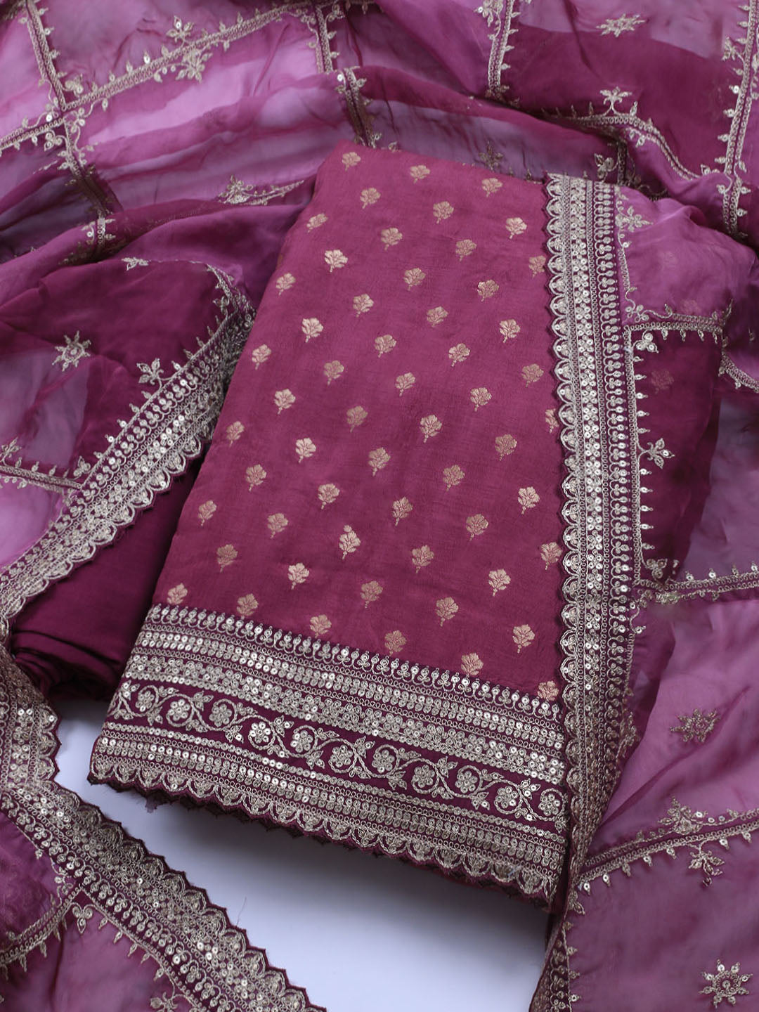 Embroidered Art Silk Unstitched Suit Piece With Dupatta