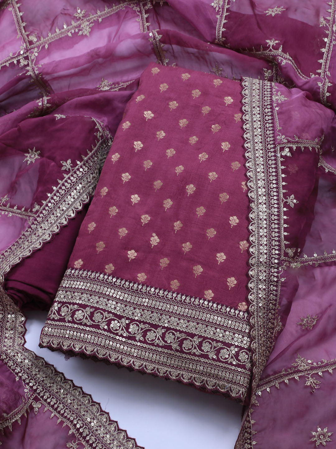 Embroidered Art Silk Unstitched Suit Piece With Dupatta