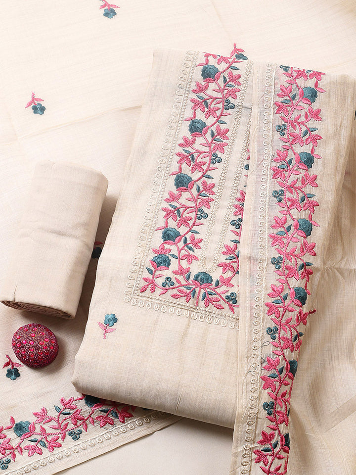 Embroidered Tussar Silk Unstitched Suit With Pant &amp; Dupatta