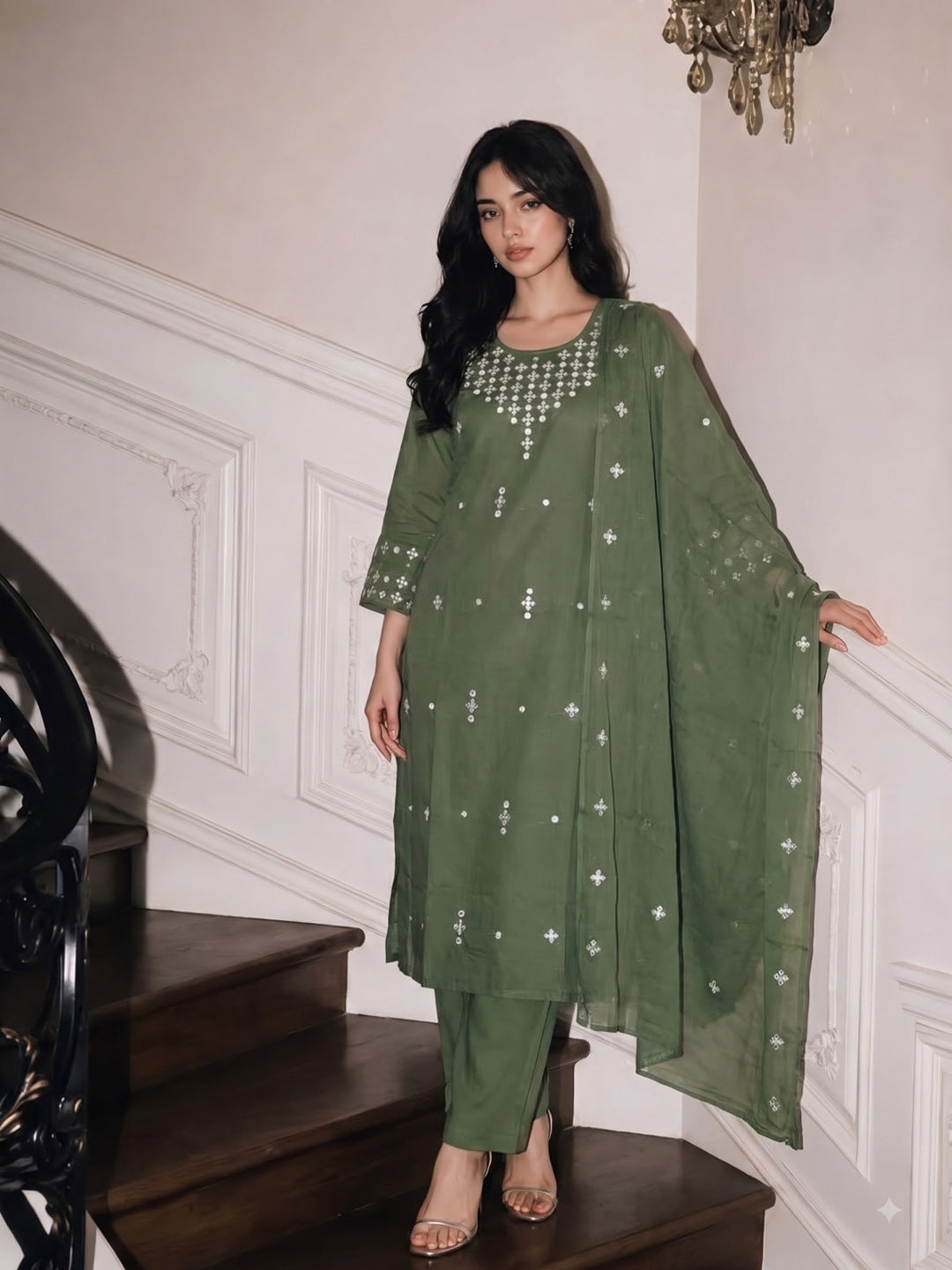 Green Printed Cotton Blend Kurta With Pant &amp; Dupatta