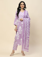 Printed Cotton Kurta With Pants & Dupatta