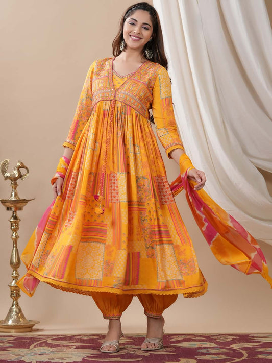 Floral Printed Cotton Kurta With Salwar & Dupatta