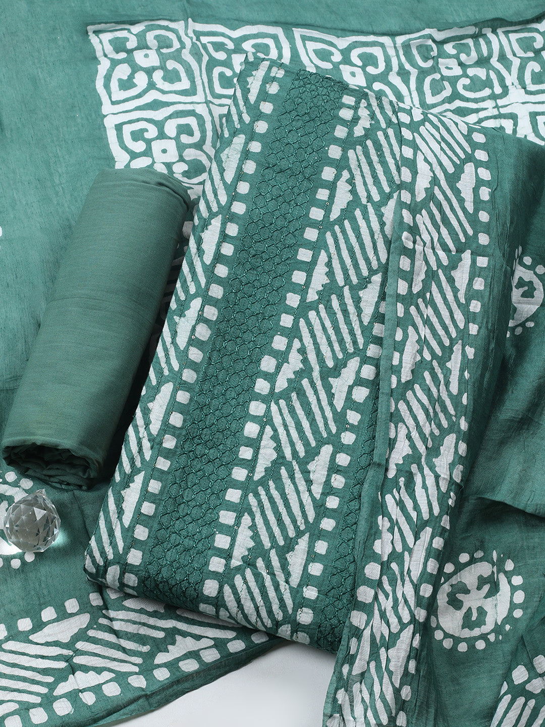 Printed Cotton Blend Unstitched Suit With Pant &amp; Dupatta