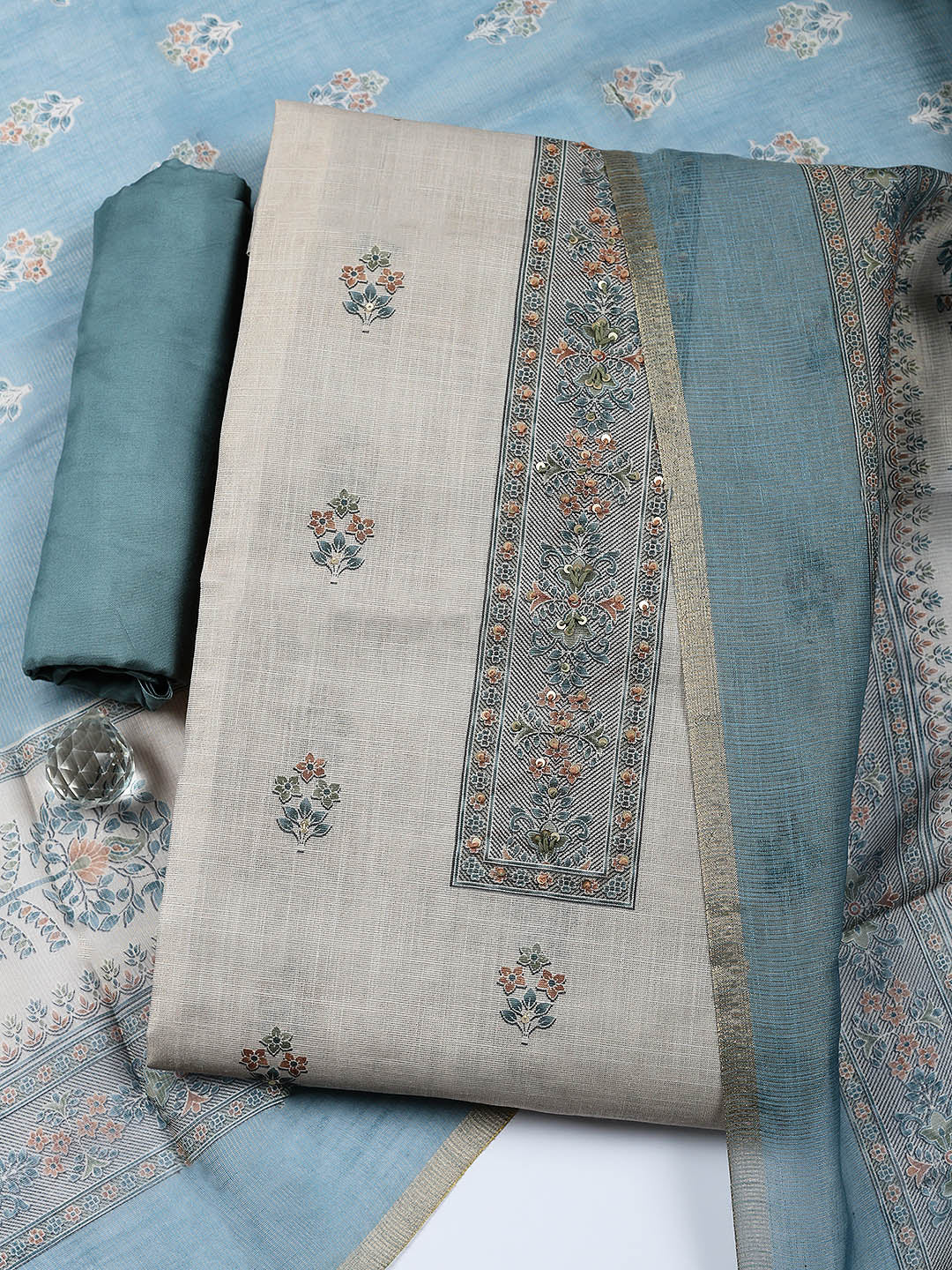 Embroidered Tissue Unstitched Suit With Pant &amp; Dupatta
