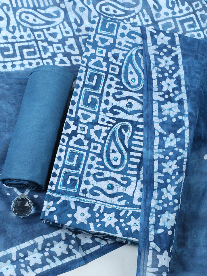 Embroidered Cotton Blend Unstitched Suit With Pant &amp; Dupatta