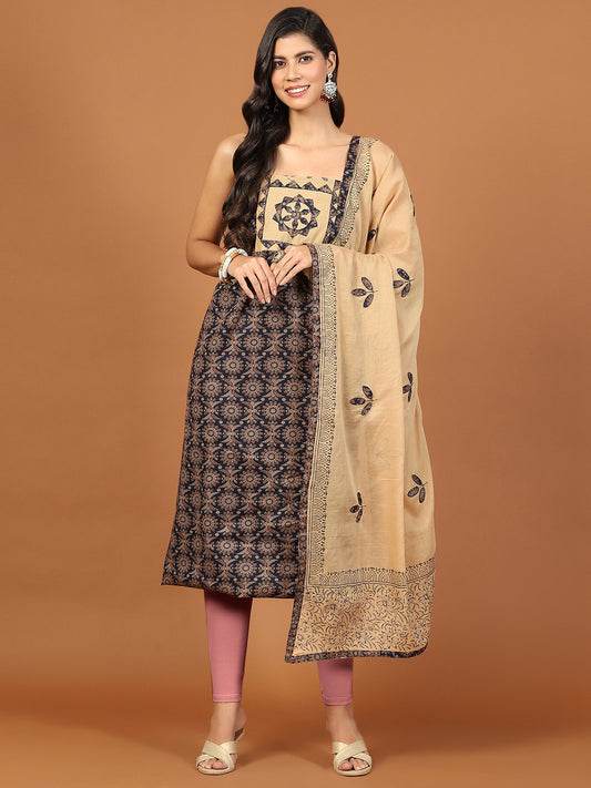 Neck Patch Cotton Blend Unstitched Suit Piece With Dupatta