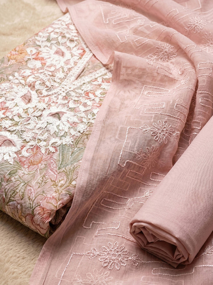 Neck Embroidered Cotton Blend Unstitched Suit With Dupatta