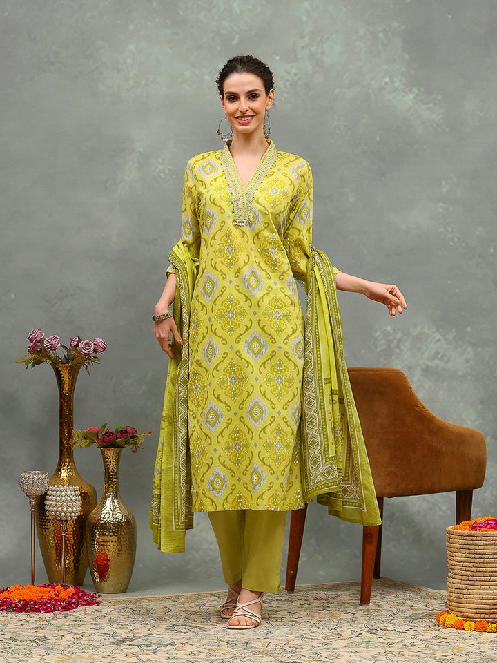 Printed Cotton Blend Kurta With Pants &amp; Dupatta