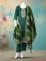 Embroidered Art Silk Kurta With Pant & Dupatta