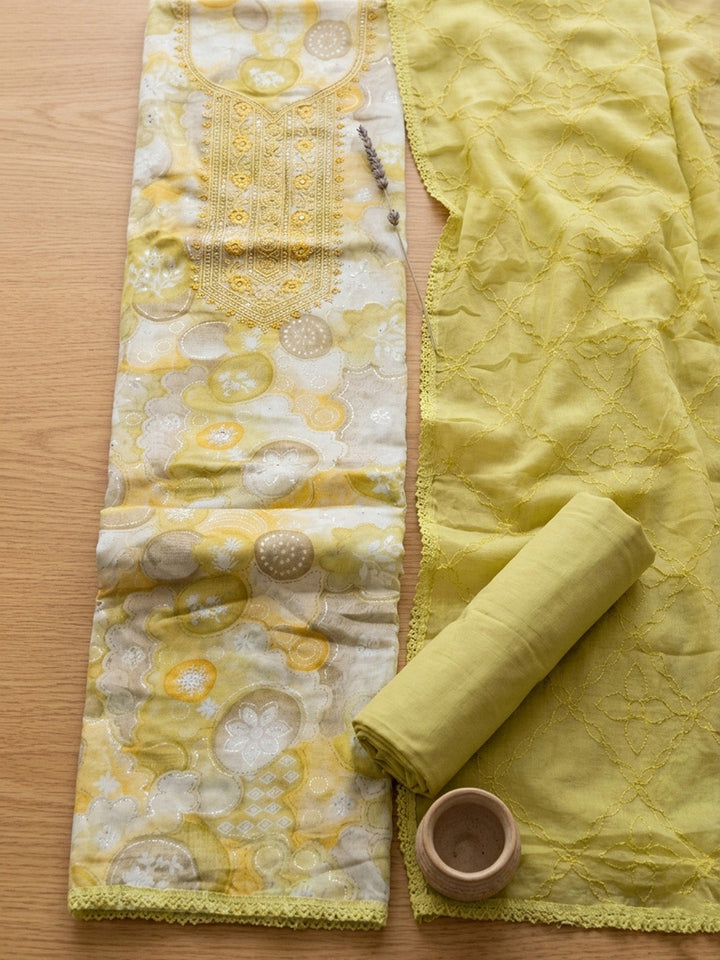Embroidered Cotton Blend Unstitched Suit With Pant &amp; Dupatta