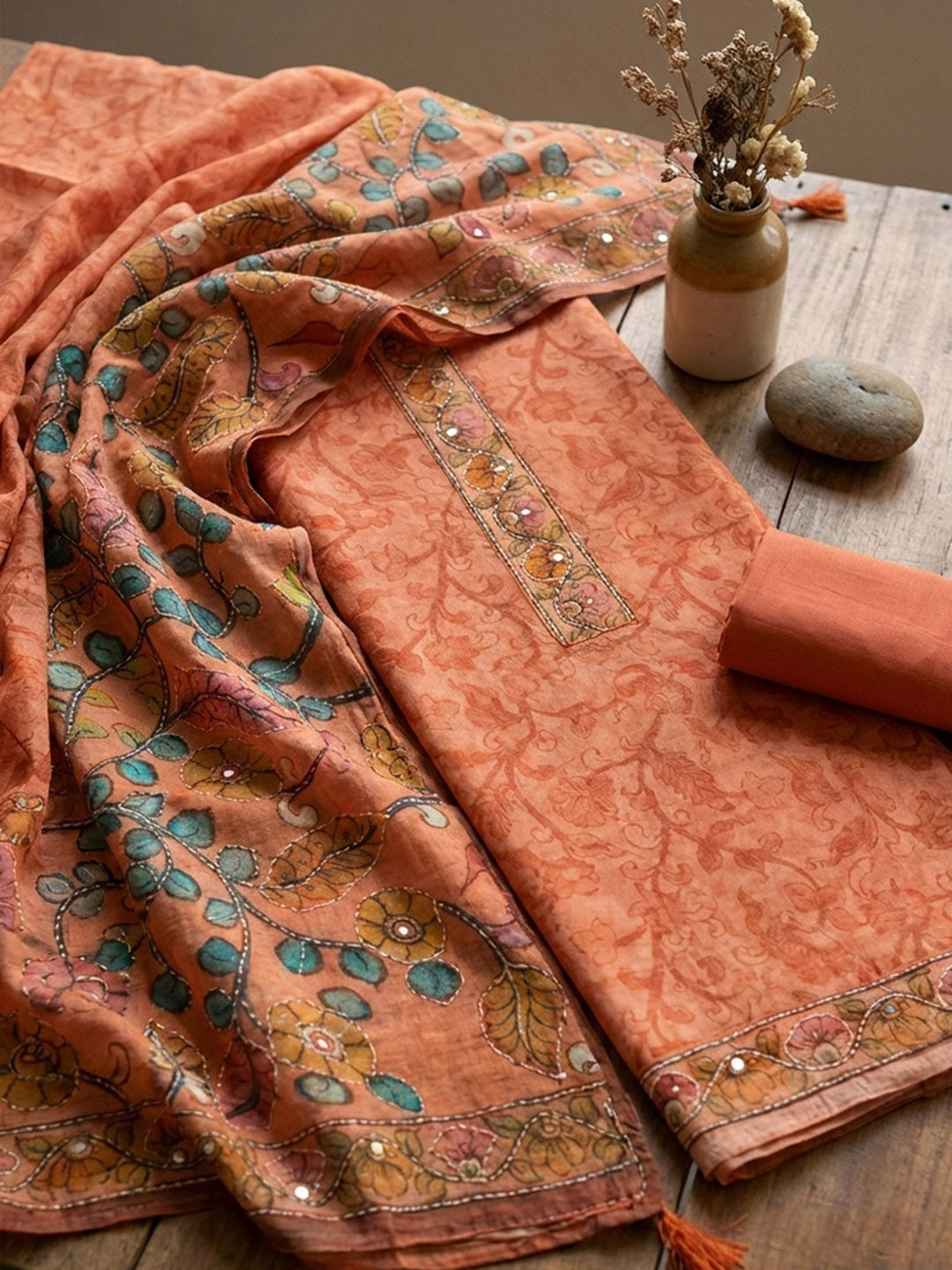 Printed Chanderi Unstitched Suit With Pant &amp; Dupatta