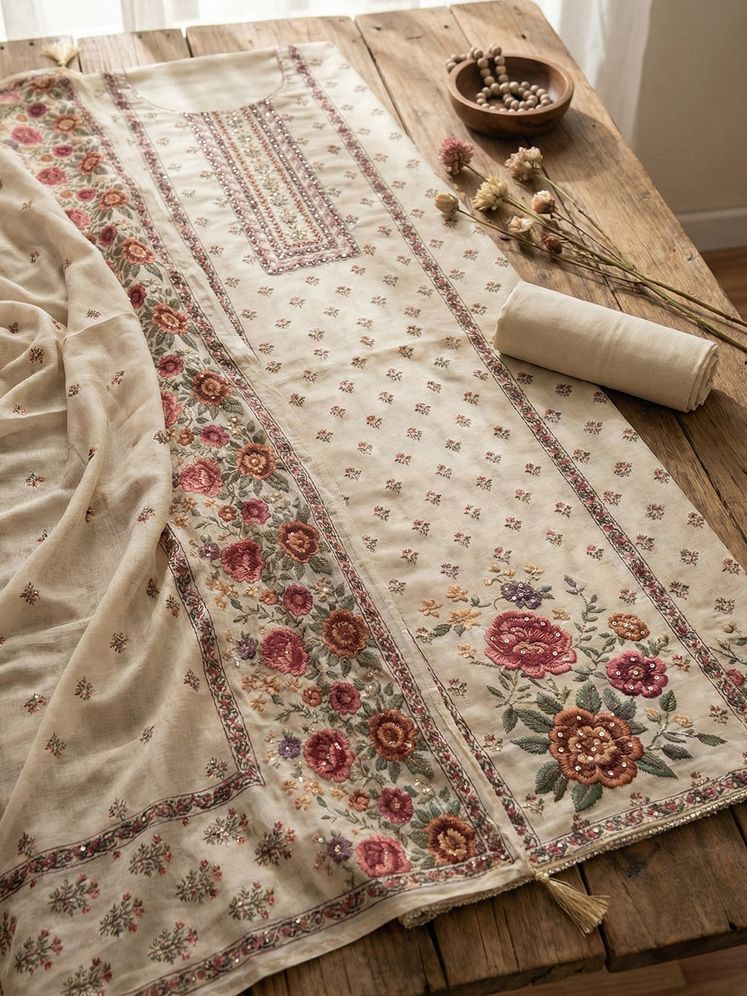Embroidered Cotton Blend Unstitched Suit With Pant &amp; Dupatta