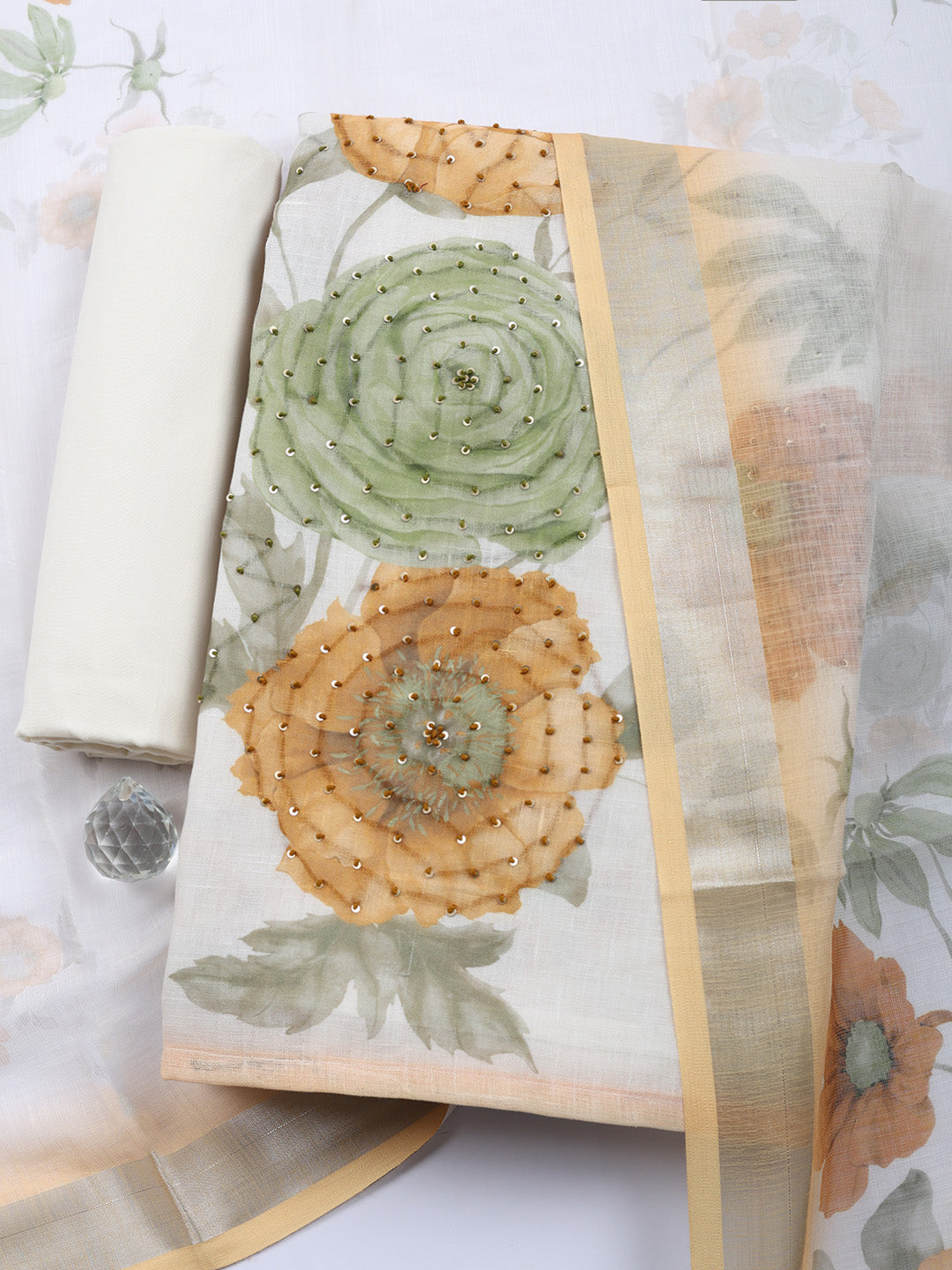Printed Linen Blend Unstitched Suit With Pant &amp; Dupatta