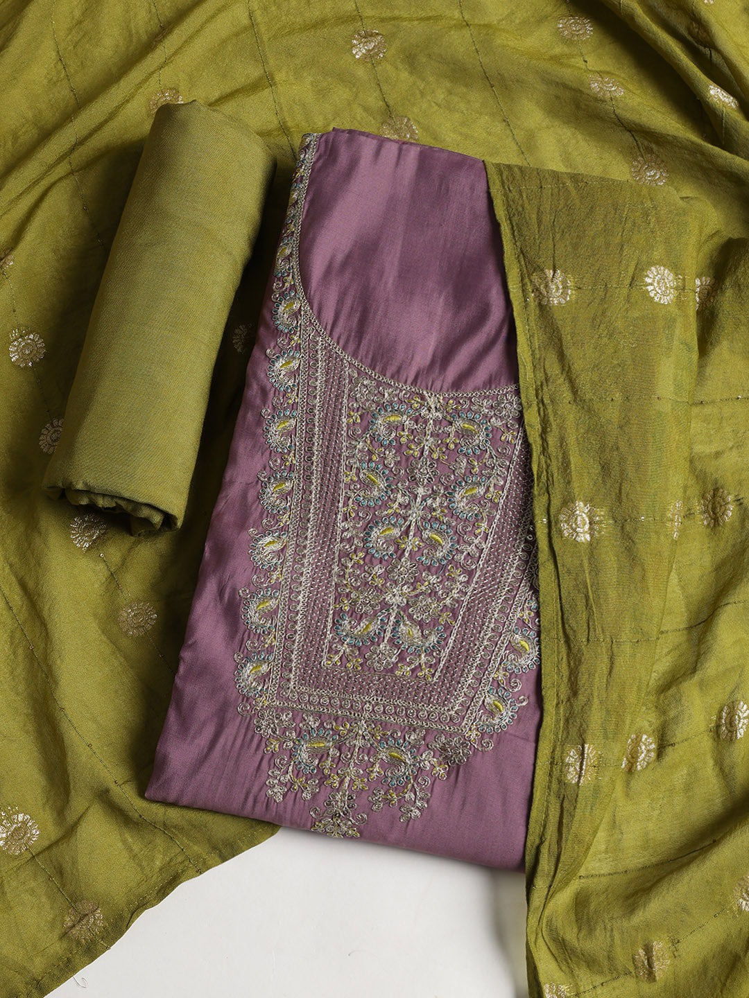 Neck Embroidered Cotton Blend Unstitched Suit With Dupatta
