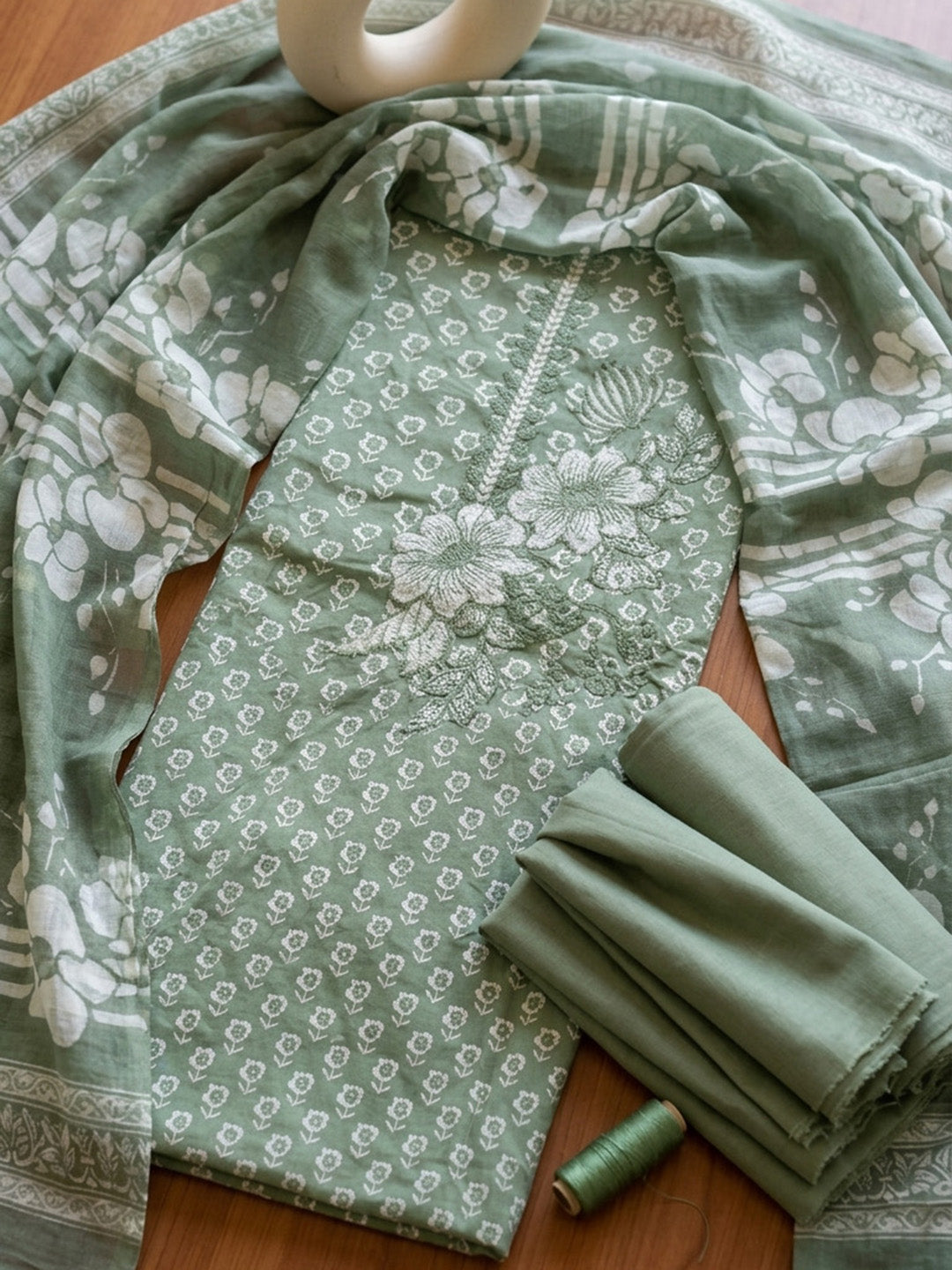 Printed Cotton Blend Unstitched Suit With Pant &amp; Dupatta