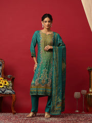 Embroidered Muslin Sea Green Kurta With Pant & Dupatta