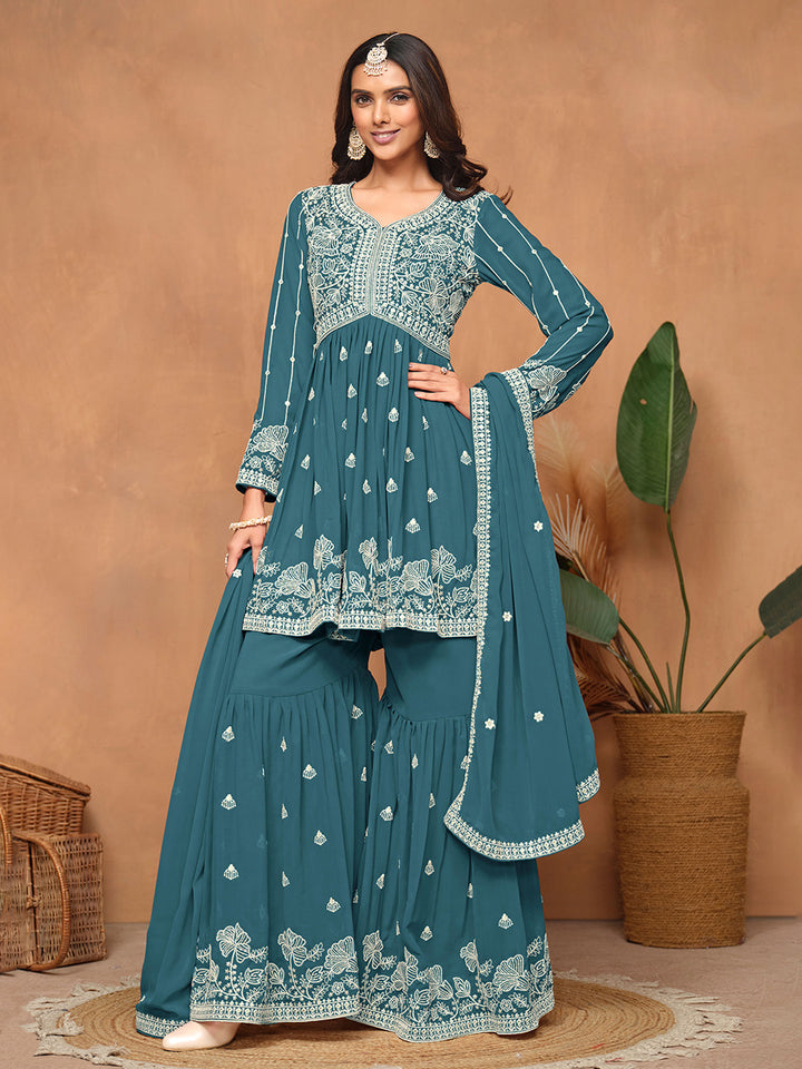 Embroidered Georgette Semi Stitched Kurta With Sharara &amp; Dupatta