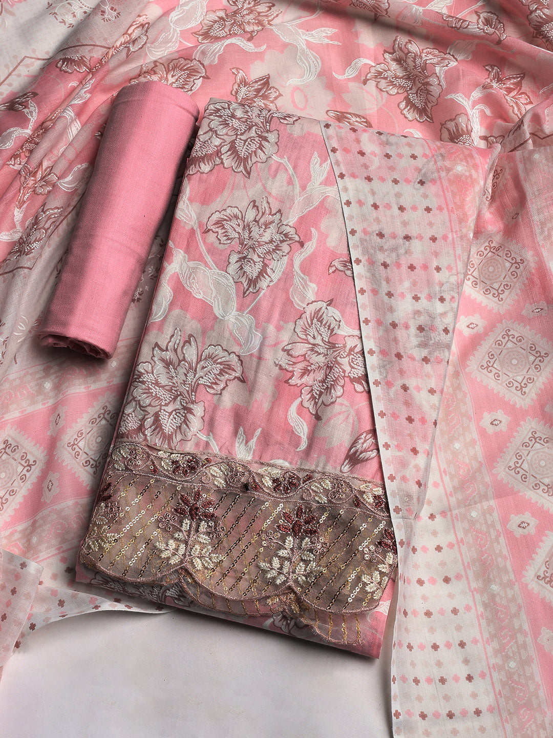 Printed Cotton Blend Unstitched Suit With Dupatta