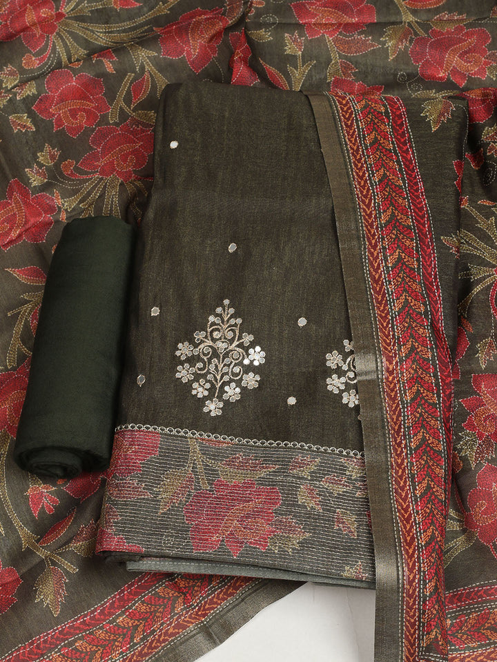 Embroidered Tussar Unstitched Suit With Dupatta