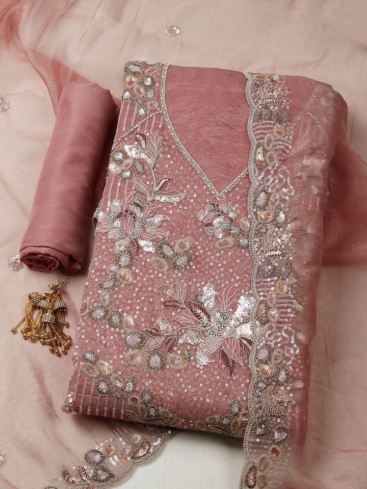 Embroidered Organza Unstitched Suit With Pant &amp; Dupatta