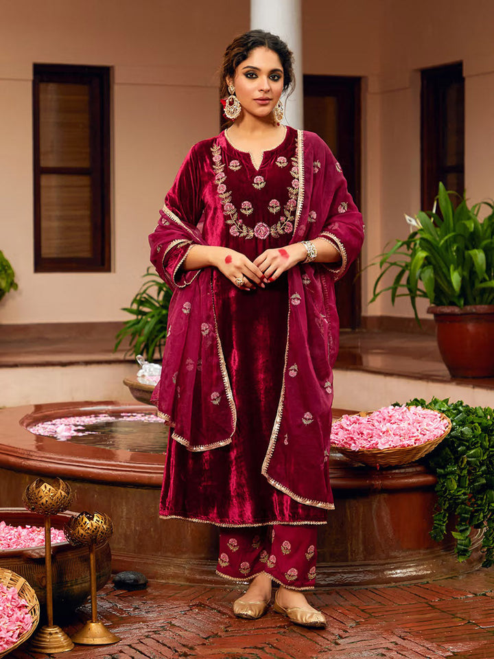 Embroidered Velvet Kurta With Pants &amp; Dupatta