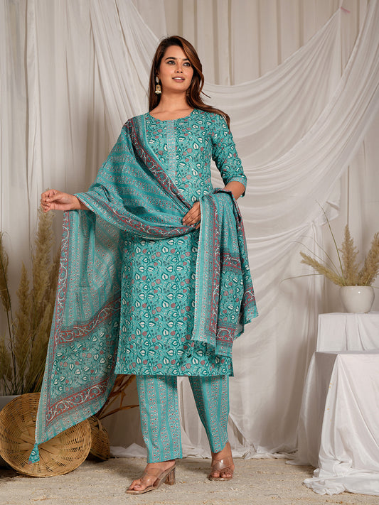 Printed Cotton Blend Kurta With Pants & Dupatta