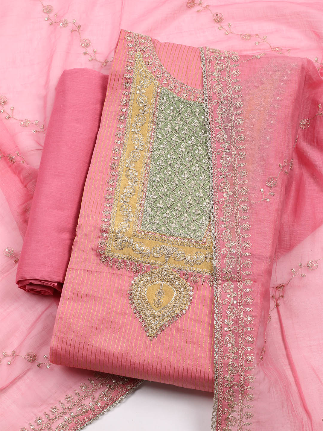 Neck Embroidered Chanderi Unstitched Suit With Dupatta