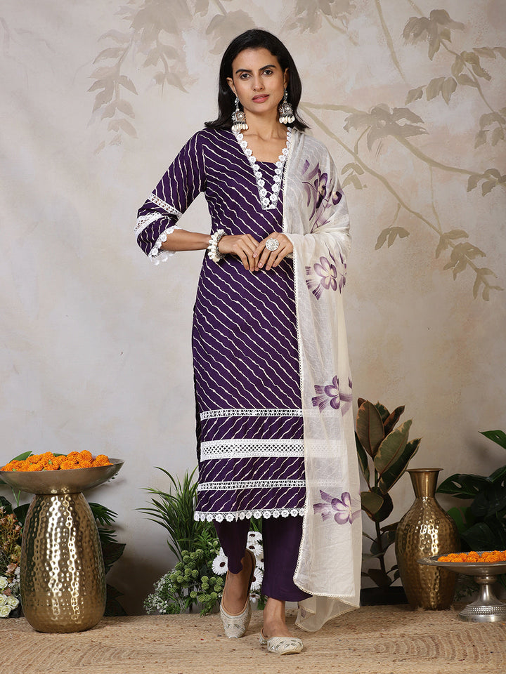Printed Cotton Blend Kurta With Pants &amp; Dupatta