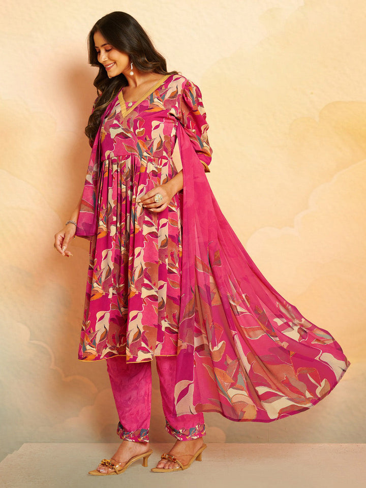 Printed Crepe Unstitched Suit With Pant &amp; Dupatta