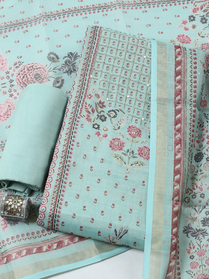 Printed Linen Blend Unstitched Suit With Pant &amp; Dupatta